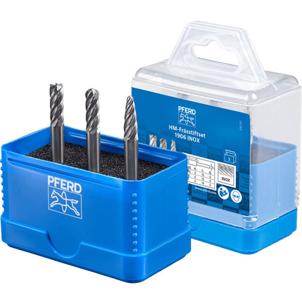 Afbeelding PFERD TOOLS set hardmetalen stiftfrezen voor hoogrendement, vertanding inox SET 1906 INOX 3TLG