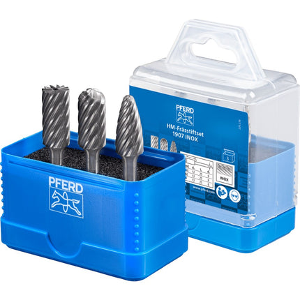 Afbeelding PFERD TOOLS set hardmetalen stiftfrezen voor hoogrendement, vertanding inox SET 1907 INOX 3TLG