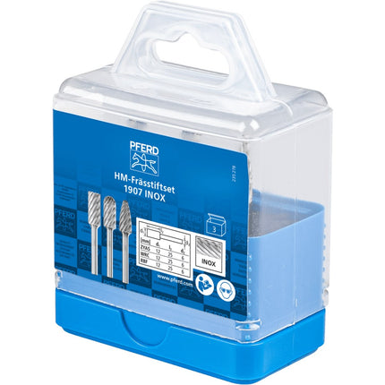 Afbeelding PFERD TOOLS set hardmetalen stiftfrezen voor hoogrendement, vertanding inox SET 1907 INOX 3TLG