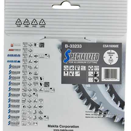 Makita HM Zaagblad 160X20X2.4 60T AL - Alu 160X20X2,4 0G – B-33233