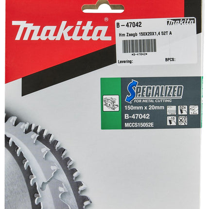 Makita HM Zaagblad 150X20X1,4 52T - Zaagblad Staal 0G B-47167 – B-47042