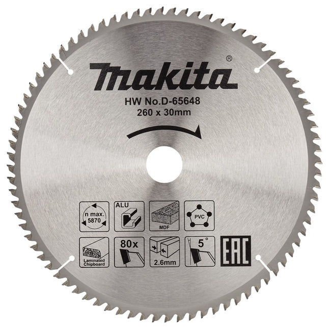 Makita Cirkelzaagblad 260X30X2,6 80T 5G Zaagblad Multi 260X30 – D-65648