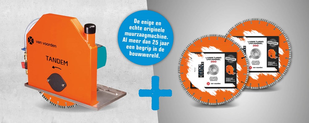 Van Voorden MUURSTEENZAAGMACHINE TANDEM-PRCD Ø350MM 2100W 230V INCL 2X DIAMANTZAAG Ø350/30MM