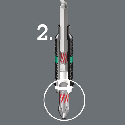 <b>BiTorsion Fase 2</b><br/>Grotere belastingspieken worden door de torsiewerking van de schacht van de bit geminimaliseert (Fase 2). Dit effect wordt bereikt door een gerichte warmtebehandeling na het hardingsproces. Hierdoor word de hardheid van de schacht tegenover het aandrijf-profiel gereduceer