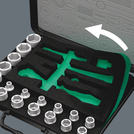 <b>Tweekleurige schuimrubber-inlegelement</b><br/>Perfect doordacht tot in het detail:  De Zyklop Speed-ratelsleutelboxen. Door de tweekleurige schuimrubber-inlegelement kan gereedschap dat niet meer nodig is, snel en netjes gesorteerd worden opgeborgen. U ziet direct welk gereedschap er ontbreekt. 